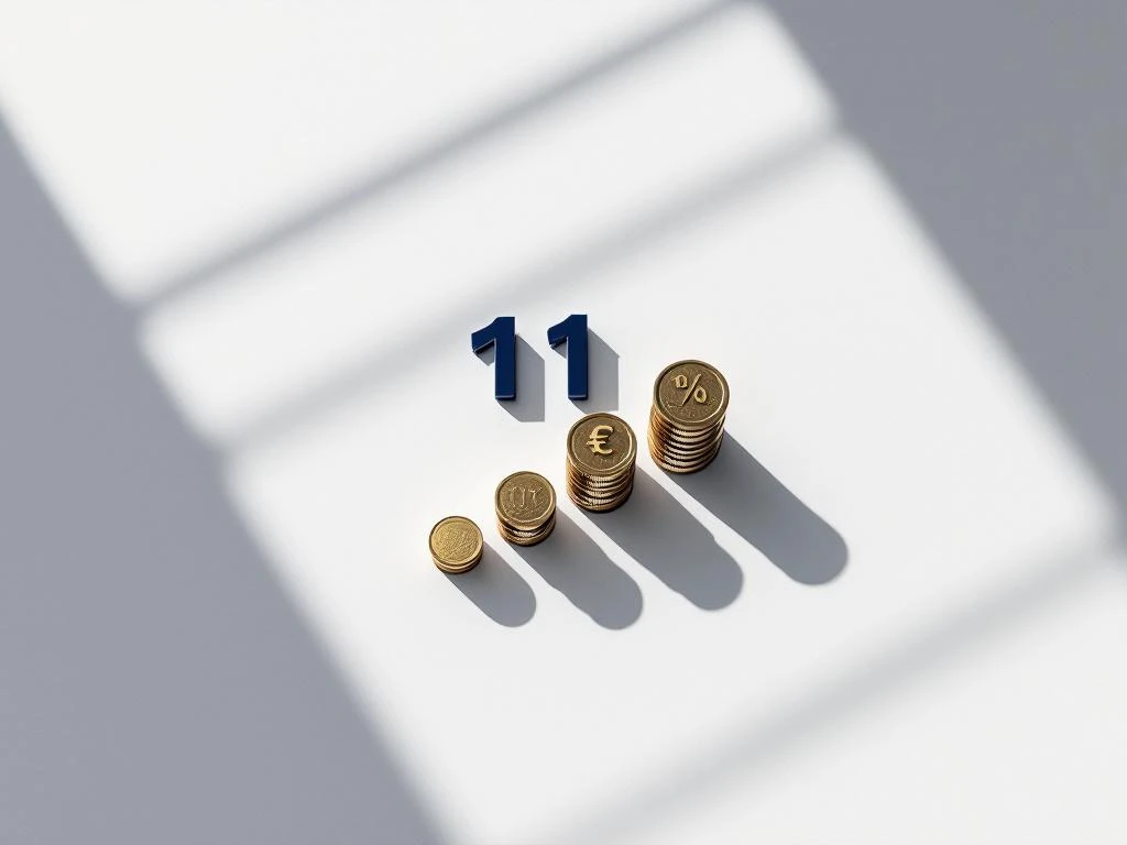 Calculator met 1% weergave en oplopende euromunt stapels in minimalistisch wit-blauw-goud ontwerp met schaduwen