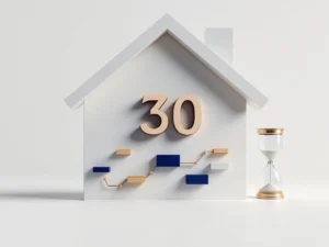 Wit 3D-huis met getal 30, kalenderblokken in blauw en goud, en zandloper tegen lichtgrijze achtergrond