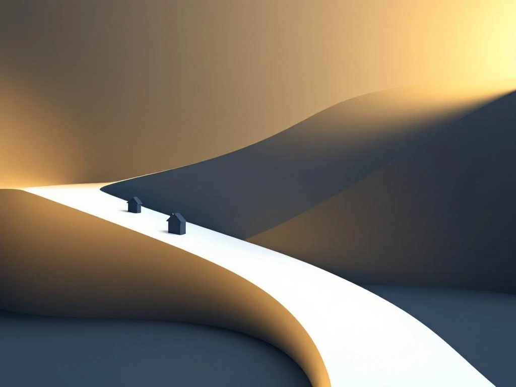 Twee parallelle geometrische paden met witte lijnen dalen af tegen een gradiënt van marineblauw naar goud