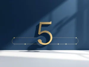 Tijdlijn met vijf geometrische markeringen in marineblauw en goud die de vijfjaarsregel voor annuïteiten illustreren