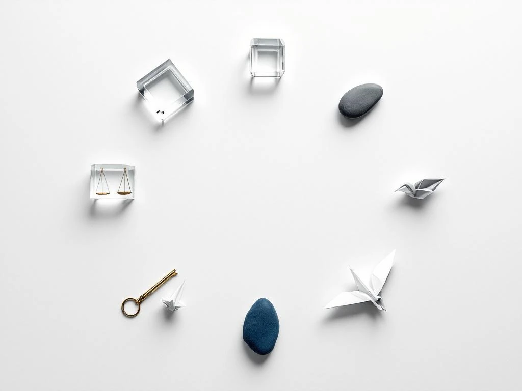 Zeven geometrische objecten in cirkelvorm op wit bureau: gouden sleutel, kristal, kompas, weegschaal, steen, origami kraanvogel, zandloper