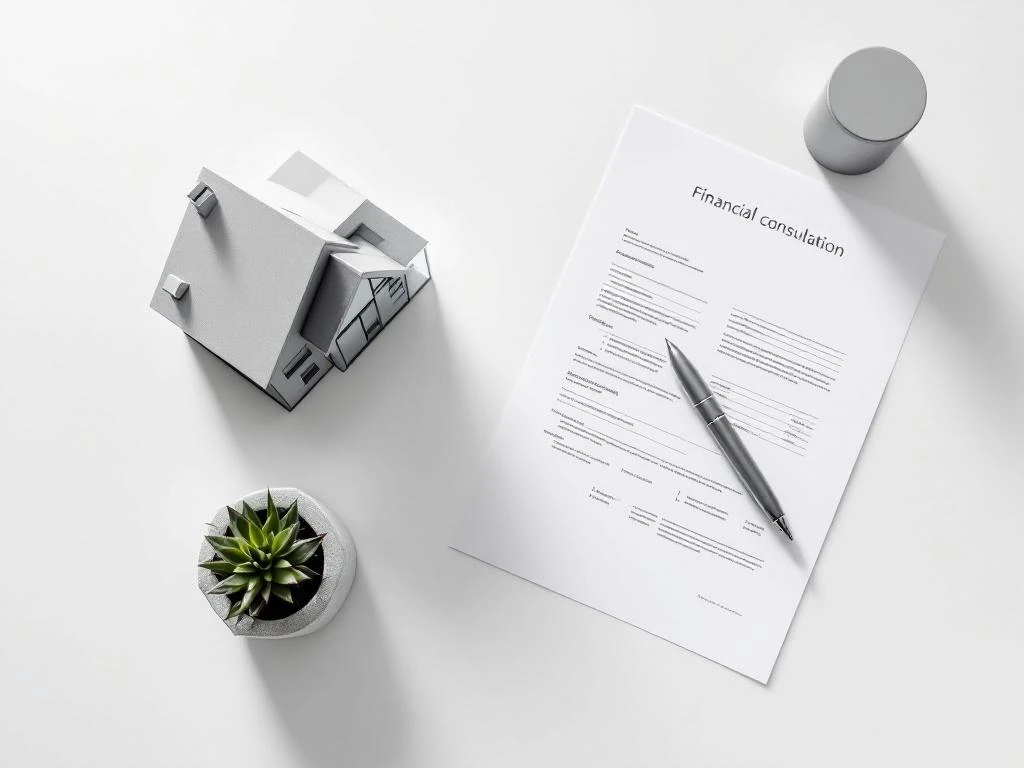 Architectuurmodel in zilver en glas op wit bureau met pen, financieel document en vetplant in betonnen pot