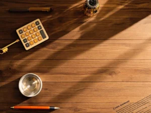 Houten bureau met gouden sleutel, rekenmachine en contract met vulpen in minimalistische opstelling