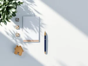 Wit bureau met calculator, pen, document, map en huissymbool in blauw en goud voor financieel advies