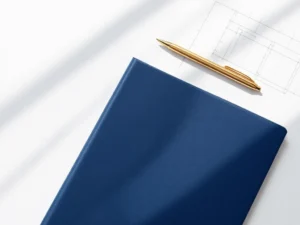 Marineblauw map en gouden pen op witte bureau met blauwdrukken, bovenaanzicht met professionele zakelijke compositie