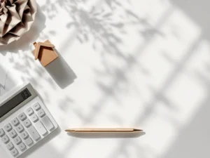 Bovenaanzicht wit bureau met rekenmachine, houten huisblokjes, pen en financiële documenten met grafieken