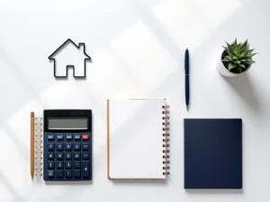 Wit bureau met calculator, notitieboek, pen, huisicoon, plantje en klok voor financieel advies