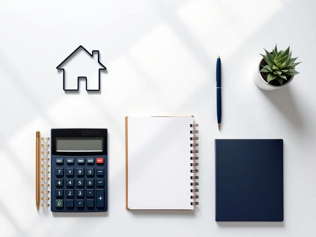 Wit bureau met calculator, notitieboek, pen, huisicoon, plantje en klok voor financieel advies