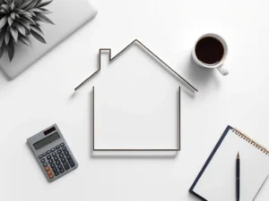 Bovenaanzicht van bureau met zes financiële objecten in cirkel: huis, rekenmachine, pen, map, koffie en notitieblok