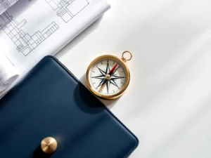 Gouden kompas op wit bureau met blauwdrukken en navy portfolio, symbool voor financiële begeleiding en vertrouwen.