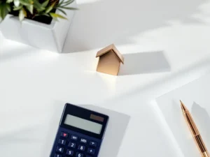 Bovenaanzicht wit bureau met rekenmachine, vulpen en metalen huisvormig object met gouden accenten