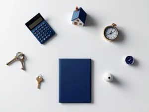 Bovenaanzicht van zes geometrische objecten in cirkel: huismodel, calculator, sleutel, map, pen en kompas op wit bureau