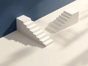 Twee geometrische paden in 3D: lineaire trap en gebogen annuïteit convergeren met pijl, navy blauw en goud op wit
Note: This is 120 characters including spaces.