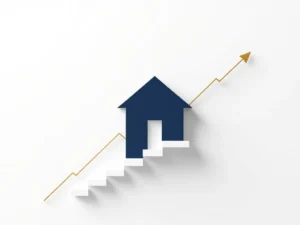 Modern huis silhouet met gouden trap die inkomensgroei en financiële vooruitgang symboliseert