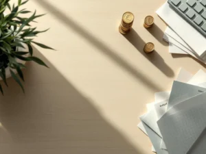 Houten bureau met rekenmachine, gestapelde euromunten en budgetdocumenten in minimalistische stijl