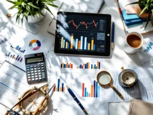 Wit bureau van bovenaf met georganiseerde financiële documenten, grafieken, rekenmachine, tablet en pen in professionele opstelling