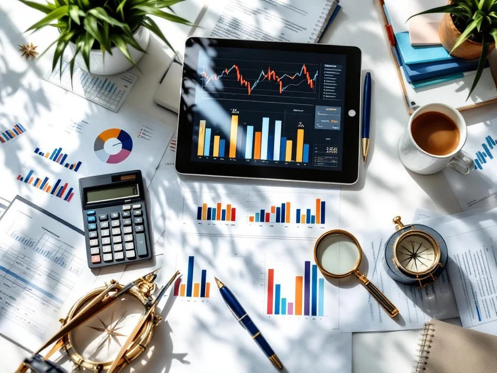 Wit bureau van bovenaf met georganiseerde financiële documenten, grafieken, rekenmachine, tablet en pen in professionele opstelling