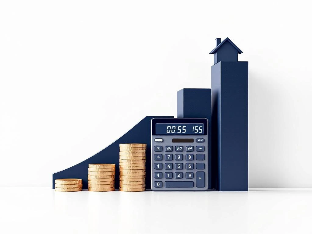 Moderne calculator met stijgende grafiek, gouden munten en huissilhouet voor financiële planning in navy en goud