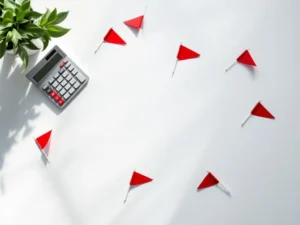 Rekenmachine en architectuurmodel met rode waarschuwingsvlaggen op wit bureau, bovenaanzicht financiële planning