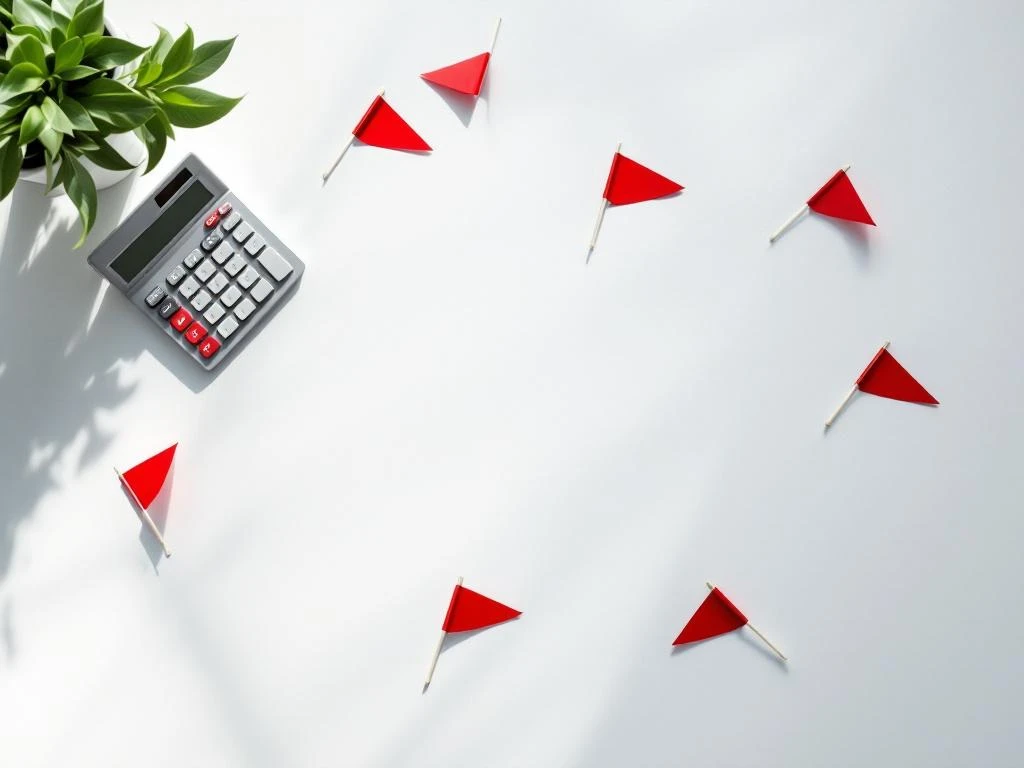 Rekenmachine en architectuurmodel met rode waarschuwingsvlaggen op wit bureau, bovenaanzicht financiële planning