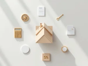 Bovenaanzicht van houten huismodel omringd door sleutel, rekenmachine, contract, kompas en percentagesymbool op wit bureau