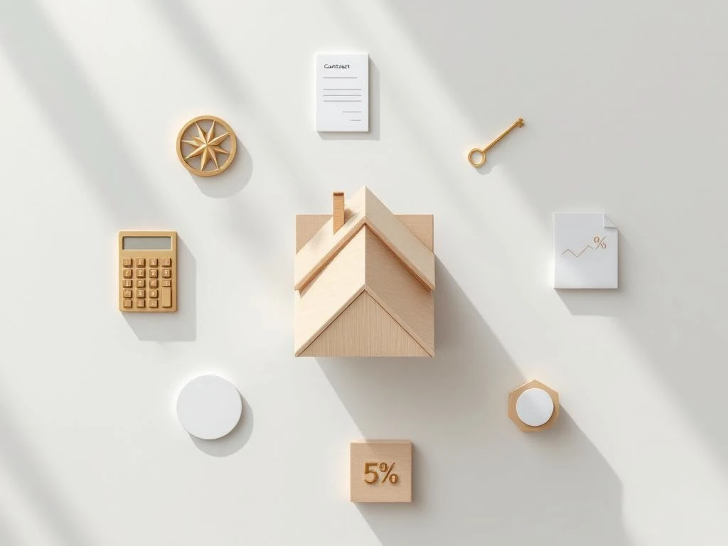 Bovenaanzicht van houten huismodel omringd door sleutel, rekenmachine, contract, kompas en percentagesymbool op wit bureau