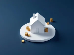 Wit architectuurmodel van huis omringd door gestapelde gouden munten op donkerblauwe achtergrond