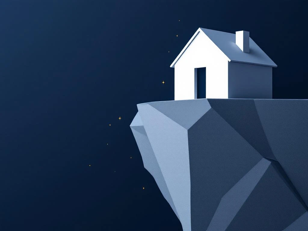 Wit huis balanceert op rand van geometrische klif boven dalende financiële grafieken in marineblauw en goud