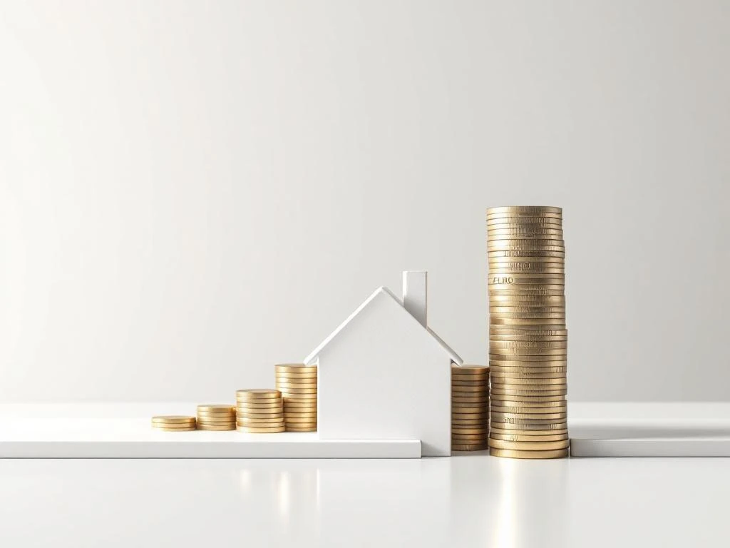 Wit modern huismodel naast gestapelde euromunten ter waarde van €40.000 op neutrale achtergrond