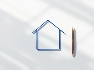 Marineblauw draadframe huis op wit bureau met vulpen en document, bovenaanzicht financiële dienstverlening