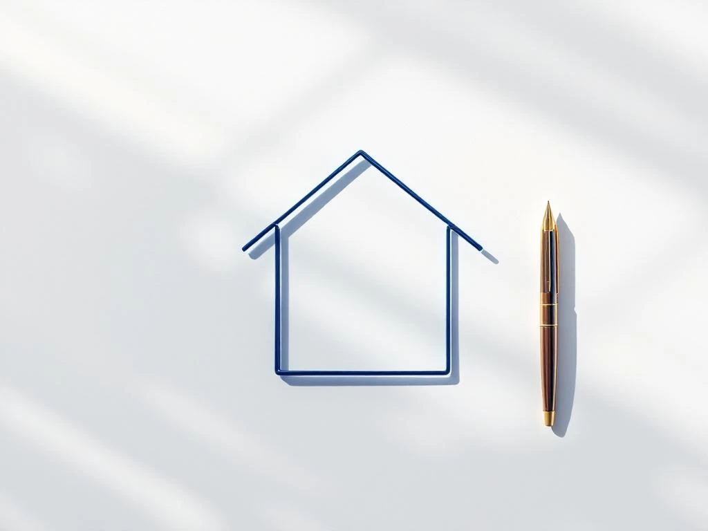 Marineblauw draadframe huis op wit bureau met vulpen en document, bovenaanzicht financiële dienstverlening