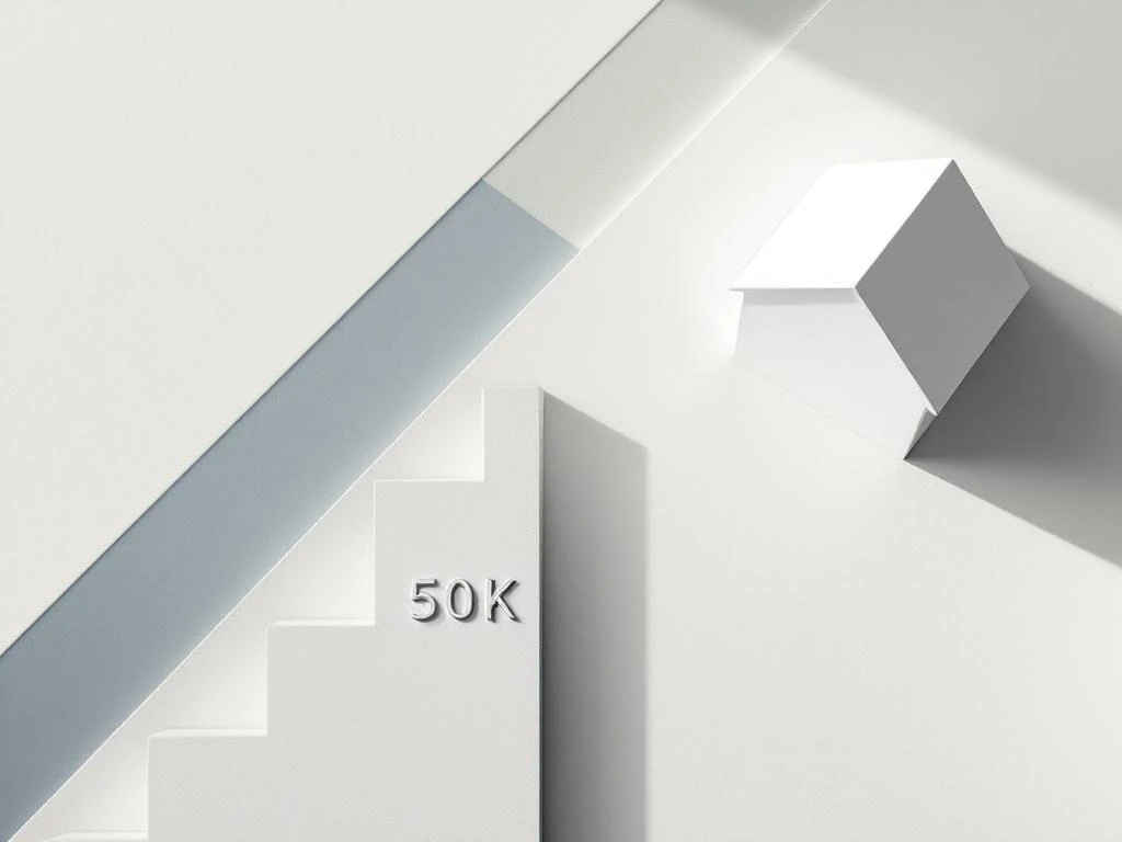 Architectuurmodel van wit huis met betonnen blokken die financiële groei tonen, inclusief 50K markering