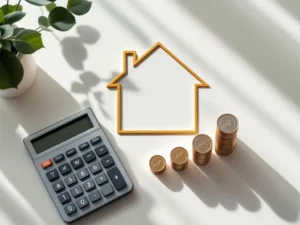 Gouden huisvormig symbool op wit bureau omringd door rekenmachine, muntstapels en financiële grafieken voor hypotheek en sparen