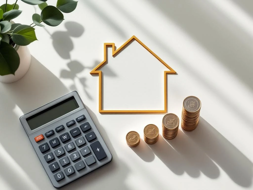 Gouden huisvormig symbool op wit bureau omringd door rekenmachine, muntstapels en financiële grafieken voor hypotheek en sparen