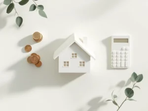 Wit huismodel geflankeerd door gouden munten en rekenmachine op neutrale achtergrond voor financieel advies