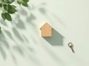 Houten huisvormig blok naast rekenmachine en sleutel op wit bureau, symboliseert financiële planning en hypotheek.