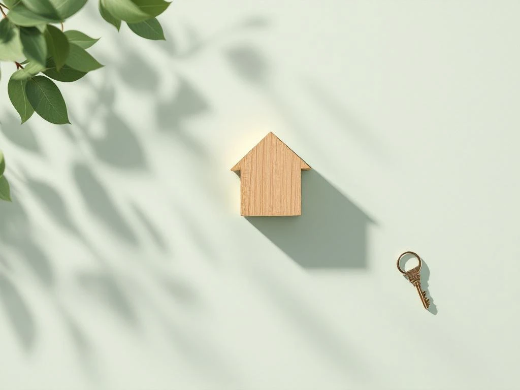 Houten huisvormig blok naast rekenmachine en sleutel op wit bureau, symboliseert financiële planning en hypotheek.