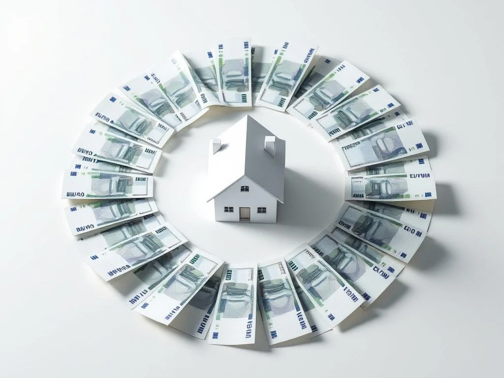 Wit architectuurmodel van huis omringd door eurobankbiljetten in cirkel, bovenaanzicht vastgoedinvestering concept