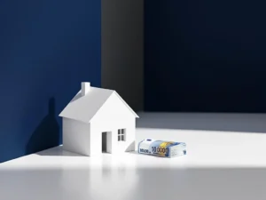 Wit huismodel naast stapel van 10.000 euro bankbiljetten op blauwe achtergrond voor financiële planning