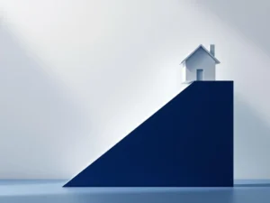 Wit huismodel balanceert op rand van dalende grafiek, symboliseert financieel risico en woningmarktinstabiliteit