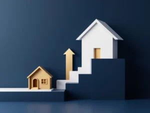 Moderne huismodellen met opwaartse pijlen die groei en vooruitgang in vastgoed symboliseren op navy blauwe achtergrond
