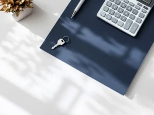 Bovenaanzicht van huissleutel op marineblauw dossier met bouwtekeningen, rekenmachine en pen op wit bureau