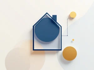 Navy huisomtrek met gouden sleutel verbonden door stippellijn op crème-blauwe gradiënt achtergrond