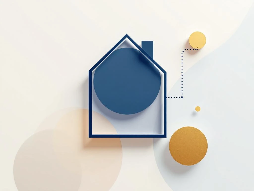 Navy huisomtrek met gouden sleutel verbonden door stippellijn op crème-blauwe gradiënt achtergrond