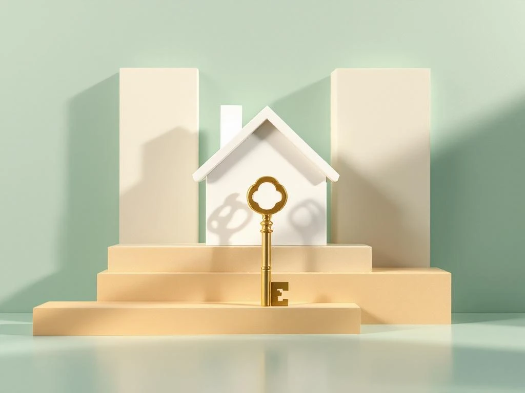 Gouden sleutel voor wit huis met stijgende grafiek op groene en beige achtergrond, symbool voor woningbezit en financiële groei