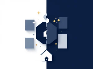 Vijf abstracte geometrische vormen in navy en wit met gouden accenten, centraal fragmenterende vorm symboliseert mythes doorbreken