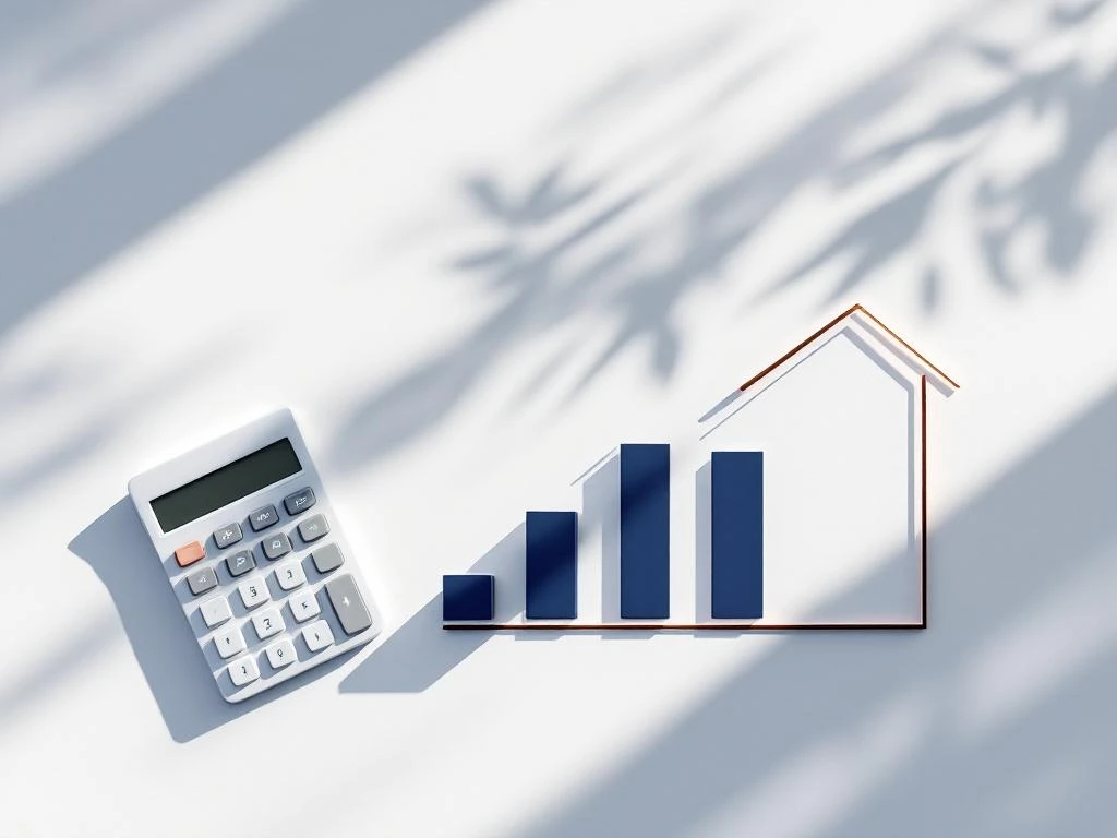 Bovenaanzicht wit bureau met rekenmachine, dalende staafgrafiek en huisschets symbool voor financiële last
