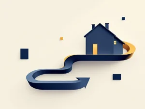 Twee moderne huissilhouetten verbonden door een gouden pijl met financiële documenten op een neutrale achtergrond