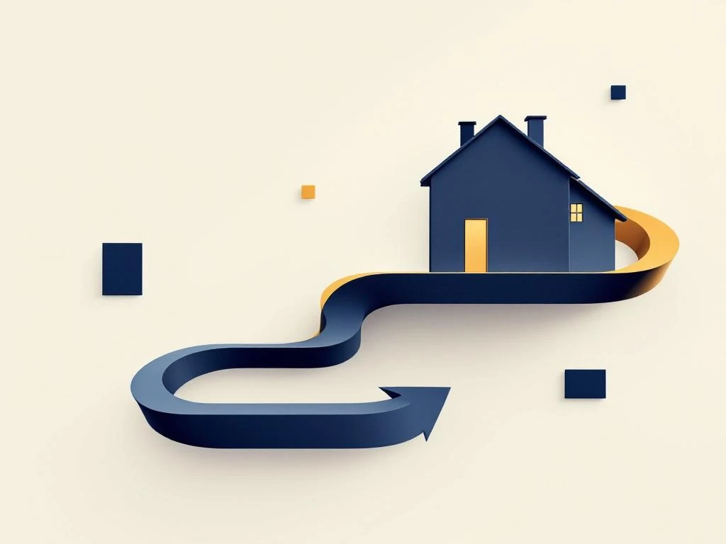 Twee moderne huissilhouetten verbonden door een gouden pijl met financiële documenten op een neutrale achtergrond