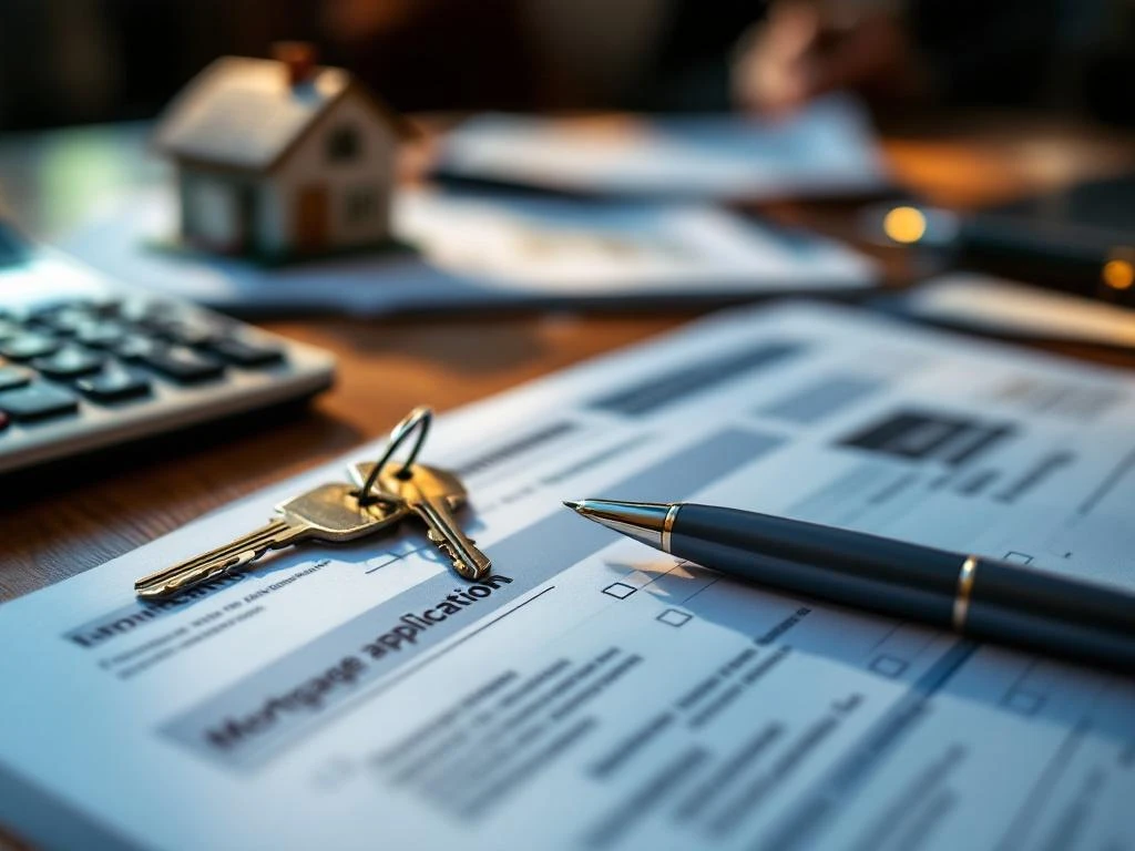 Hypotheekaanvraagformulieren op bureau met huissleutels, rekenmachine en miniatuurhuis model voor woningfinanciering